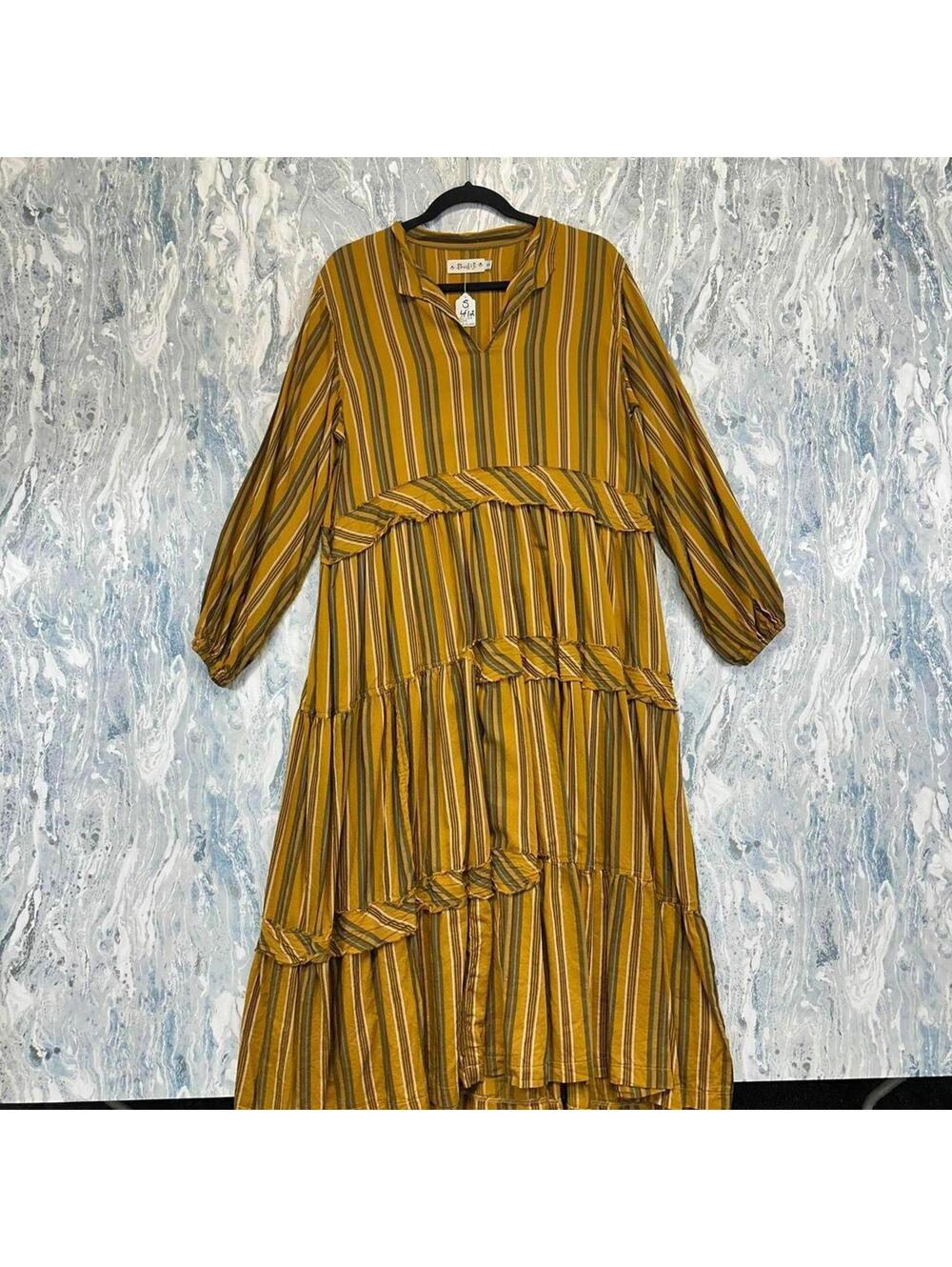 Boho Indie Cottage Lagenlook Mustard Yellow Striped Maxi Dress (S)